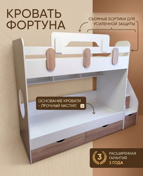 Кровать двухъярусная Фортуна 200х90 (дуб сонома+белый)  от Династия Kids
