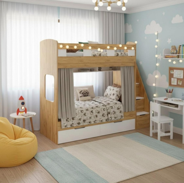 Кровать 2-х ярусная Твинс 190х90 (корпус дуб золотистый + фасады белые)