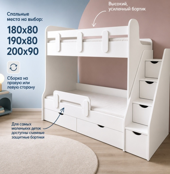 Двухъярусная кровать Фортуна 180х80 (белый + дуб сонома) от Династия Kids