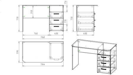 Стол Престиж с 3 ящиками  от Династия Kids