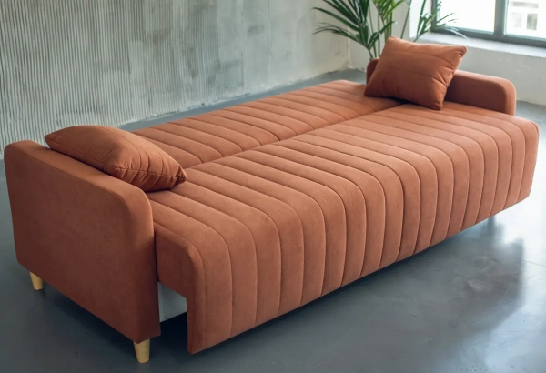 Диван Сэнд 1200х1900 с ящиком и подушками (велюр Fluffy 37 синий камень)