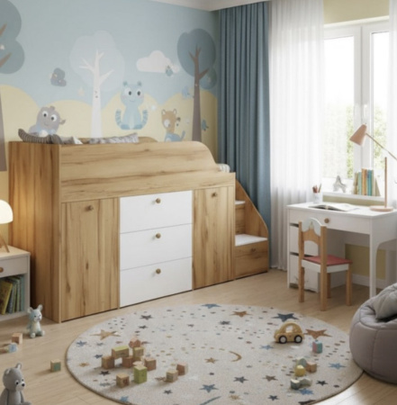 Кровать-чердак Хэппи-2 (дуб сонома + белый) 180х80 от Династия Kids