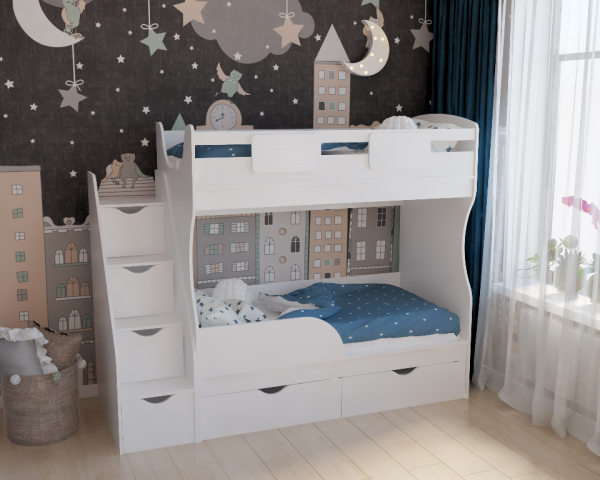 Двухъярусная кровать Альфа Мини 160х80 (цвет белый) с бортиком от Династия Kids