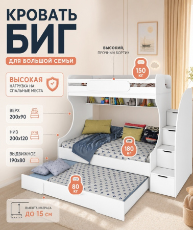 Кровать БИГ (дуб каньон + белый) 200х120 от Династия Kids