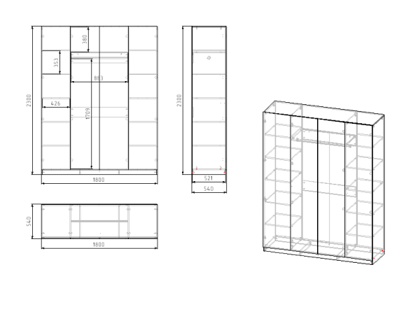 Шкаф 4-х створчатый Практик (ручки-рейлинг) от Династия Kids