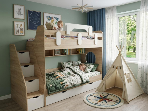 Кровать 2-х ярусная Фортуна 180х80 (дуб золотистый + белый) от Династия Kids