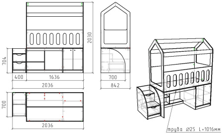 Кровать-чердак 160х80 Теремок (цвет белый) от Династия Kids