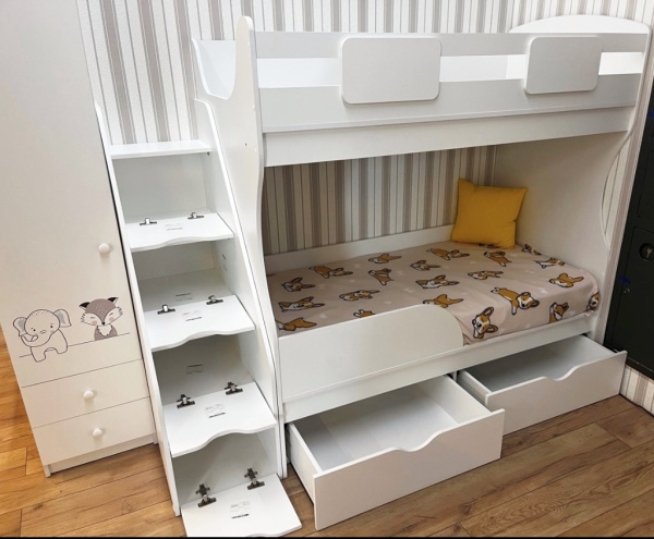 Двухъярусная кровать Альфа Мини 160х80 (цвет белый) с бортиком от Династия Kids