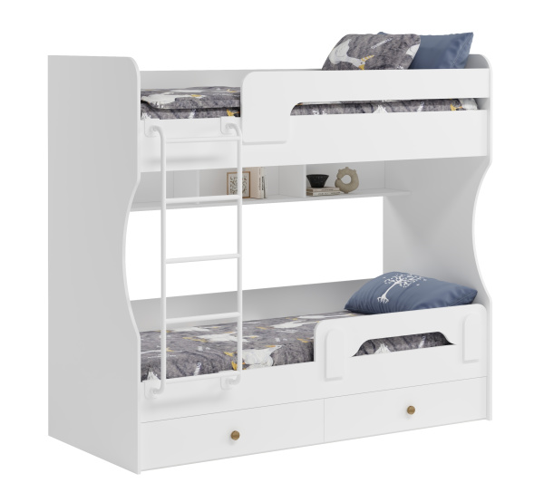 2-х ярусная кровать Омега 190х80 (цвет белый + лестница белая). Со съемным нижним бортиком  