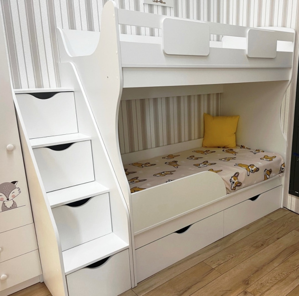 Двухъярусная кровать Альфа Мини 160х80 (цвет белый) с бортиком от Династия Kids