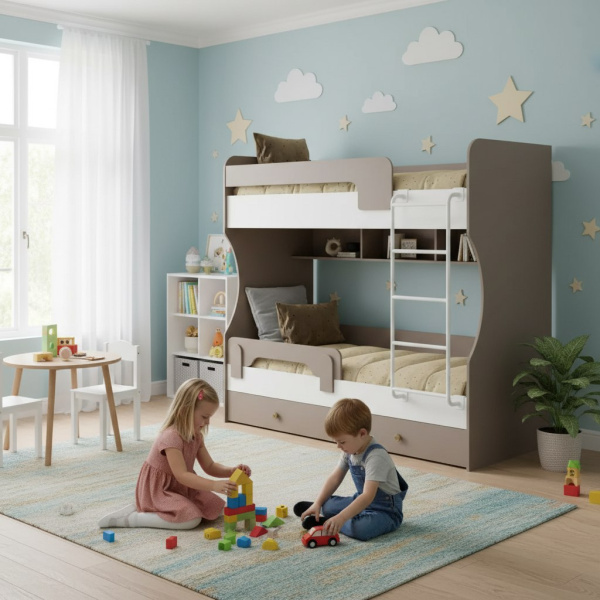 Кровать 2-х ярусная Омега (велюр + белый) 190х80