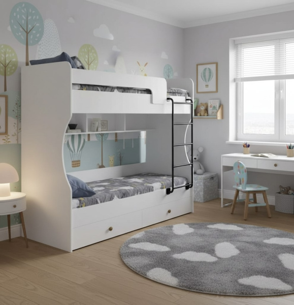 Кровать 2-х ярусная Омега (цвет белый + лестница черная) 190х80