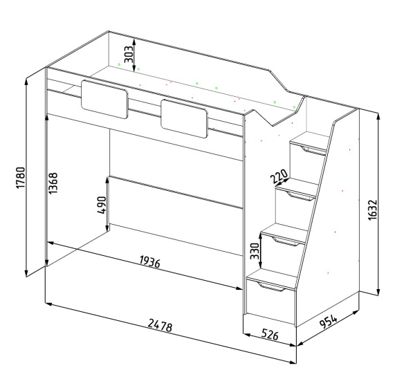 Кровать-чердак Мозаика-2 + кровать Двушка (цвет белый) 190х90 от Династия Kids