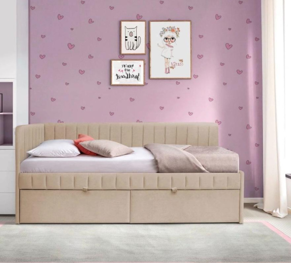 Мягкая кровать Слайт полоса угловая 160х80. Велюр Teddy 304 (бежевый)