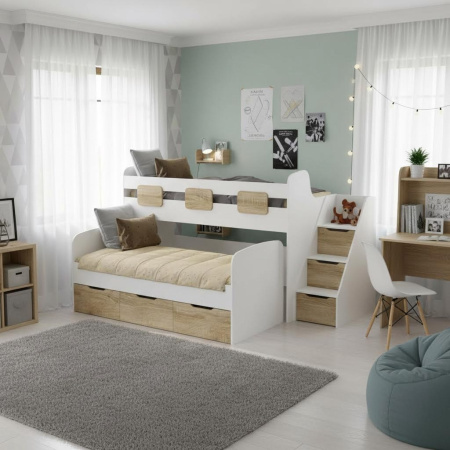 Кровать 2-х ярусная Городок 190х90 + 180х80  (дуб золотистый + белый) от Династия Kids