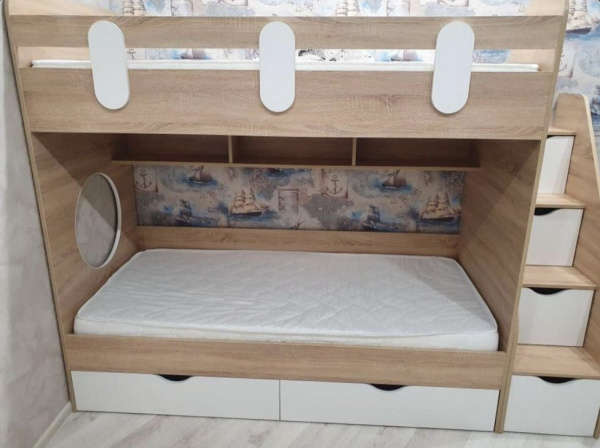 Двухъярусная кровать Фортуна (правая) Корпус дуб сонома+фасады белые 180х80 